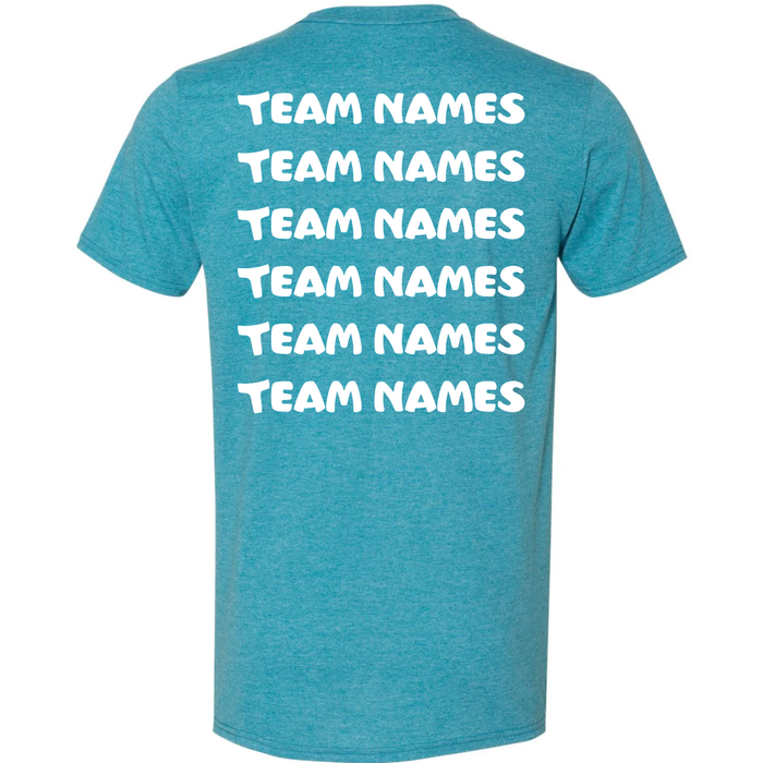 A teal DSG Apparel t-shirt featuring the words “TEAM NAMES” printed six times in bold white letters down the back, arranged vertically—perfect as the 2026 NSA Boo Bash Pumpkin Smash Fastpitch Tournament Shirt for teams wanting standout classic NSA apparel.