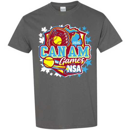 The DSG Apparel 2026 NSA Can-Am Games Fastpitch Tournament Shirt features a gray design with softballs, a glove, maple leaves, stars, and "CAN AM Games NSA 2026" text with a blue Michigan outline—the perfect pre-order tourney shirt!.