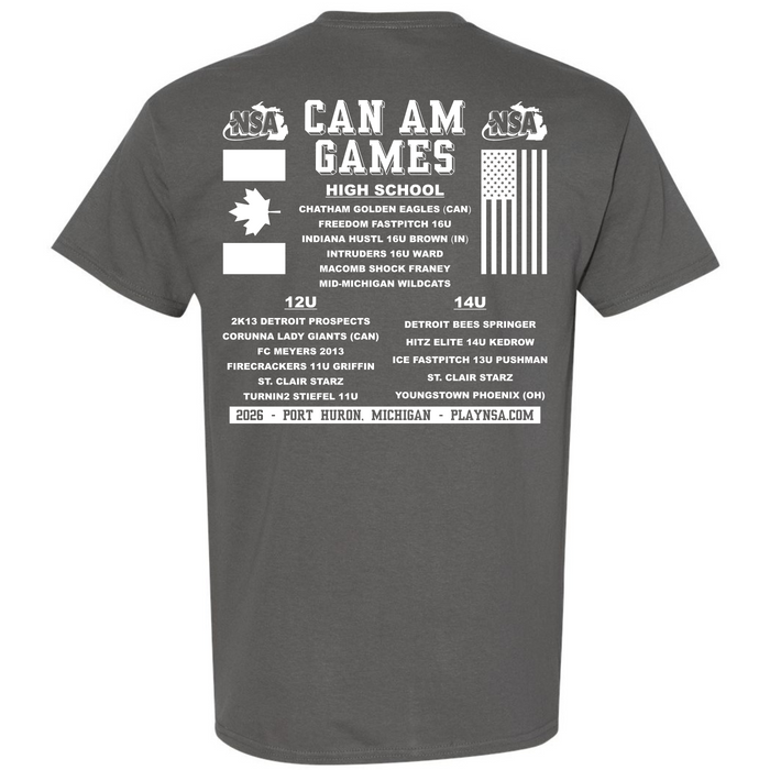 The back of the DSG Apparel 2026 NSA Can-Am Games Fastpitch Tournament Shirt features Can Am Games with USA and Canadian flags, age group team lists, Port Huron, MI event details, and the website playnsa.com.