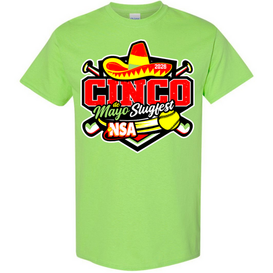Pre-order the 2026 NSA Cinco de Mayo Slugfest Fastpitch Tournament Shirt by DSG Apparel—a lime green dry fit shirt with a vibrant sombrero, crossed bats, softballs, and event text. Perfect for your NSA Fastpitch Tournament!.
