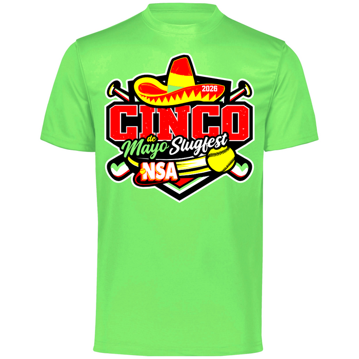 The DSG Apparel 2026 NSA Cinco de Mayo Slugfest Fastpitch Tournament Shirt is a bright lime green dry fit tee with a colorful graphic—perfect for pre-order or as your official NSA Fastpitch Tournament shirt!.