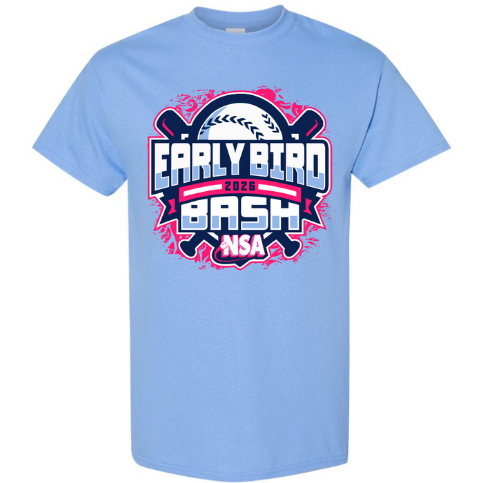 The 2026 NSA Early Bird Bash Fastpitch Tournament Shirt by DSG Apparel features a light blue design with a baseball, two bats, and bold "Early Bird Bash 2026 NSA" text—perfect for pre-order as your official NSA tournament apparel!.