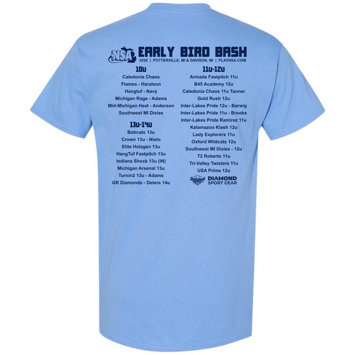 Pre-order the DSG Apparel 2026 NSA Early Bird Bash Fastpitch Tournament Shirt, a light blue cotton blend tee listing youth softball teams by age group for Porterville, Michigan’s event.
