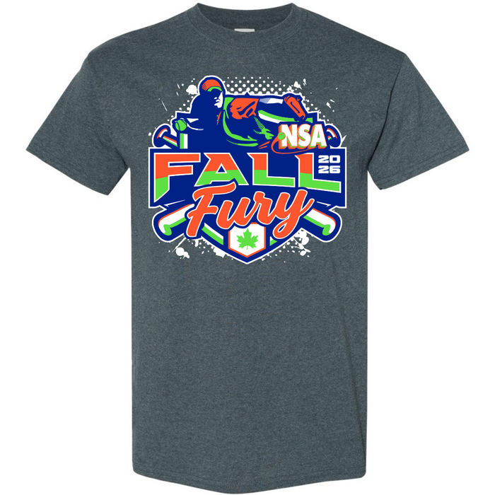 Show your team spirit in the DSG Apparel 2026 NSA Fall Fury Fastpitch Tournament Shirt. This gray t-shirt features a vibrant graphic of a softball player, bats, and a leaf in blue, green, orange, and white colors with the text “NSA Fall Fury 2026.” Perfect for players or fans looking to pre-order official NSA apparel and tournament shirt styles.