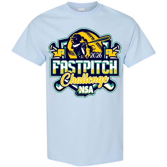 The 2026 NSA Fastpitch Challenge Fastpitch Tournament Shirt by DSG Apparel features a vibrant design with a softball, two bat-swinging players, stars, and crossed bats—ideal for fans of NSA apparel and tournament shirts.