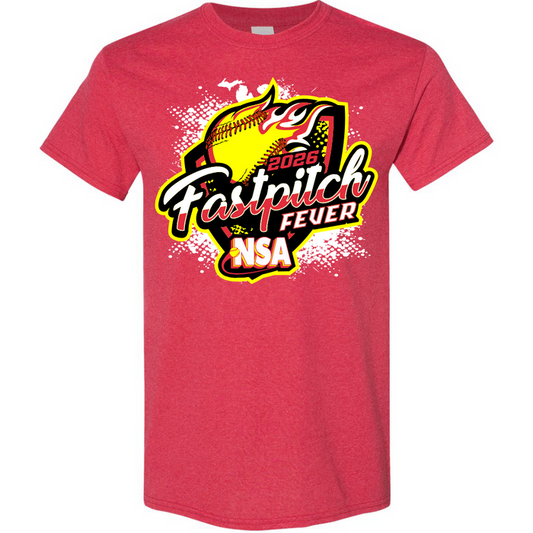 The 2026 NSA Fastpitch Fever Tournament Shirt by DSG Apparel is a red pre-order tee with a bold yellow softball graphic, 2026 Fastpitch Fever and NSA text, plus dynamic white splatter and design accents.