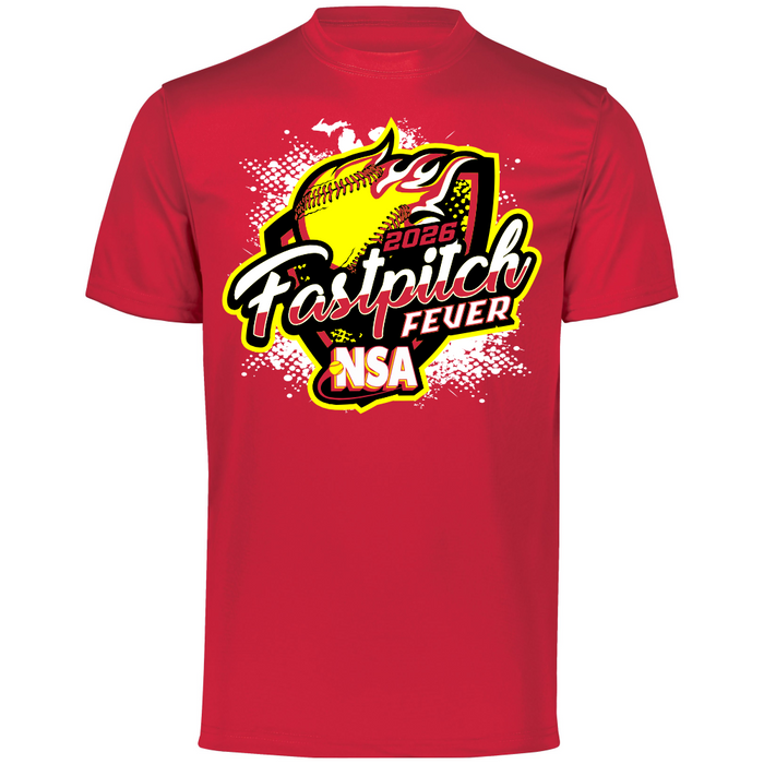 The 2026 NSA Fastpitch Fever Fastpitch Tournament Shirt by DSG Apparel features a red design with a bold yellow softball, “2026 Fastpitch Fever” text, NSA logo, and white and yellow splatter accents—perfect for fastpitch fans! Pre-order now.