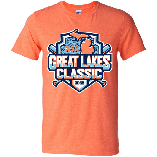 Show your team spirit with the 2026 NSA Great Lakes Classic Fastpitch Tournament Shirt by DSG Apparel—orange with a Michigan map, crossed bats, and white & blue event text. Pre-order this official NSA apparel today!.