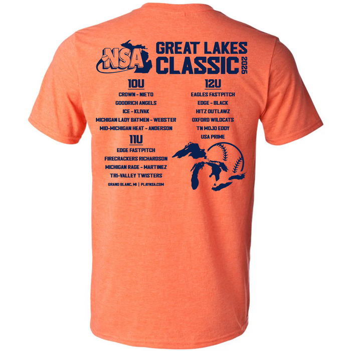 Back of an orange DSG Apparel 2026 NSA Great Lakes Classic Fastpitch Tournament Shirt featuring "NSA Great Lakes Classic 2026" at the top, a map of the Great Lakes, and a list of participating 10U, 11U, and 12U softball teams. This exclusive piece of NSA apparel is available for pre-order.