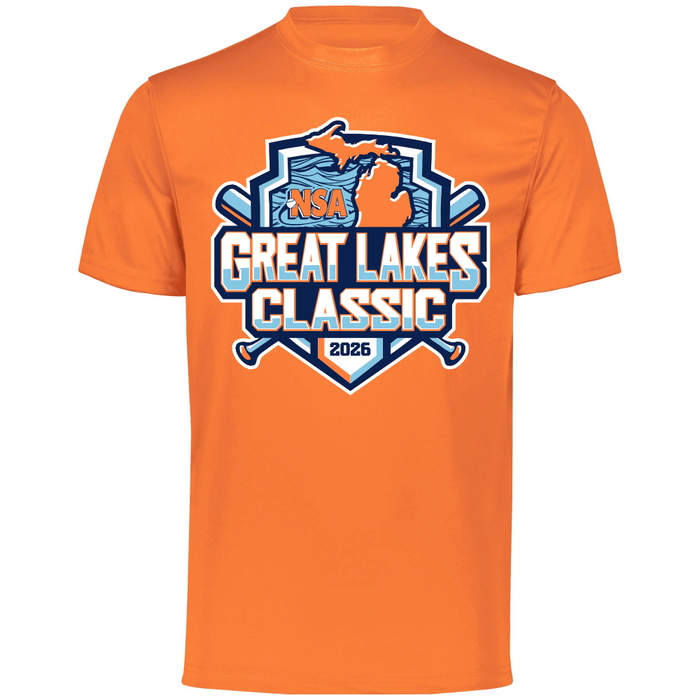The DSG Apparel 2026 NSA Great Lakes Classic Fastpitch Tournament Shirt is orange with Michigan’s map, crossed bats, and bold blue and white logo. Pre-order now for the perfect game day look!.