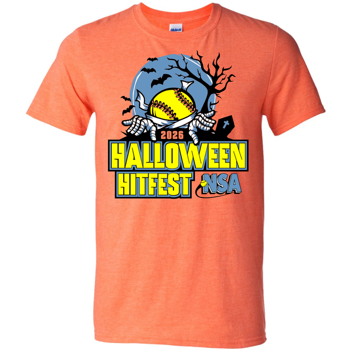 A bright orange 2026 NSA Halloween Hitfest Fastpitch Tournament Shirt from DSG Apparel, featuring a Halloween-themed softball design with bats, a spooky tree, and skeleton hands holding a yellow softball. The shirt showcases the text “2026 Halloween Hitfest NSA,” making it the perfect piece of NSA apparel for any enthusiast or as an exclusive pre-order fastpitch tournament shirt.