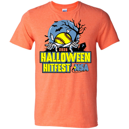 A bright orange 2026 NSA Halloween Hitfest Fastpitch Tournament Shirt from DSG Apparel, featuring a Halloween-themed softball design with bats, a spooky tree, and skeleton hands holding a yellow softball. The shirt showcases the text “2026 Halloween Hitfest NSA,” making it the perfect piece of NSA apparel for any enthusiast or as an exclusive pre-order fastpitch tournament shirt.