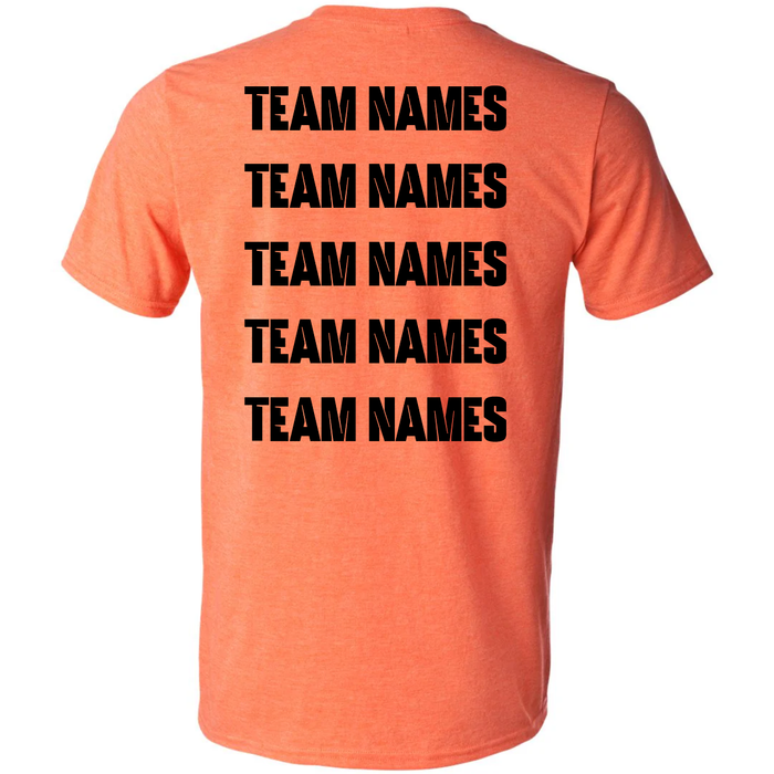 A bright orange DSG Apparel t-shirt featuring “TEAM NAMES” printed in bold black letters five times, stacked vertically on the back—making it the perfect 2026 NSA Halloween Hitfest Fastpitch Tournament Shirt. This eye-catching NSA apparel is ideal for teams looking to pre-order a tournament shirt that stands out both on and off the field.