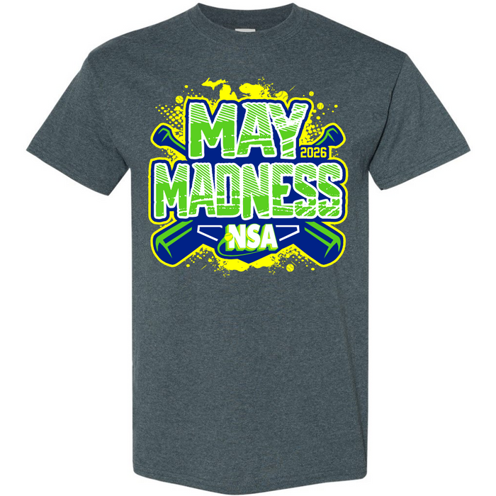 Get the DSG Apparel 2026 NSA May Madness Fastpitch Tournament Shirt in dark gray, featuring bold green, blue, and white graphics with crossed bats and a yellow splash. Show your NSA spirit—pre-order this tournament shirt today!.
