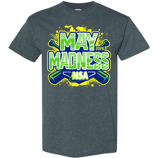 Get the DSG Apparel 2026 NSA May Madness Fastpitch Tournament Shirt in dark gray, featuring bold green, blue, and white graphics with crossed bats and a yellow splash. Show your NSA spirit—pre-order this tournament shirt today!.