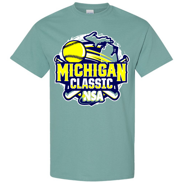 The 2026 NSA Michigan Classic Fastpitch Tournament Shirt by DSG Apparel is light green, featuring a yellow softball, two crossed bats, Michigan’s outline, and bold “Michigan Classic NSA” text in blue, yellow, and white.