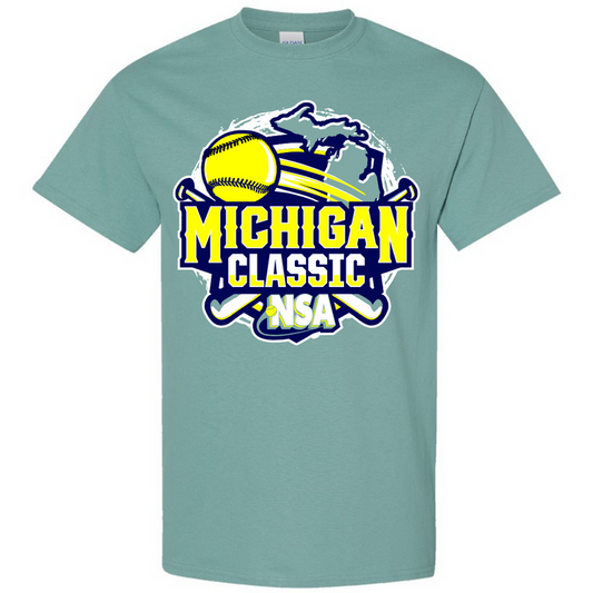 The 2026 NSA Michigan Classic Fastpitch Tournament Shirt by DSG Apparel is light green, featuring a yellow softball, two crossed bats, Michigan’s outline, and bold “Michigan Classic NSA” text in blue, yellow, and white.