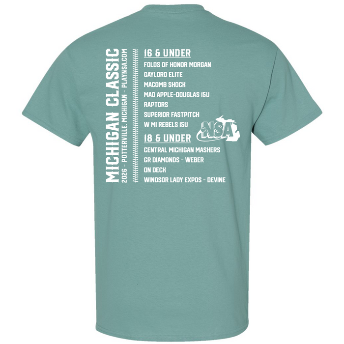 Back of a light teal aquatic dry-fit shirt by DSG Apparel, designed as the 2026 NSA Michigan Classic Fastpitch Tournament Shirt. Features team listings divided into 16 & Under and 18 & Under categories, with event location and date details on the left—ideal for fans wanting to pre-order this fastpitch tournament shirt.
