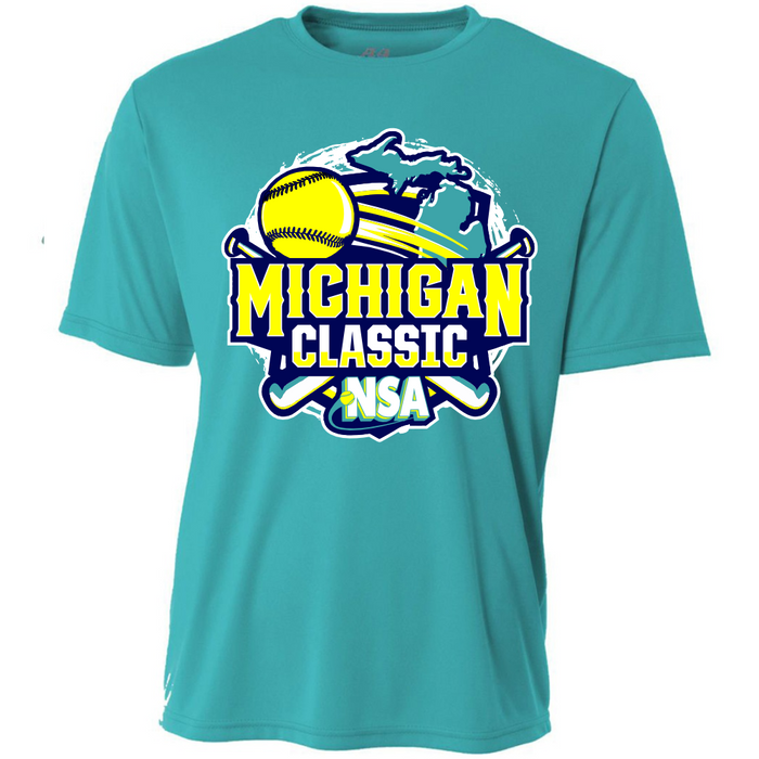 The DSG Apparel 2026 NSA Michigan Classic Fastpitch Tournament Shirt is a teal dry-fit shirt with a yellow softball, Michigan outline, crossed bats, and "Michigan Classic NSA" text—perfect for the Fastpitch Tournament.