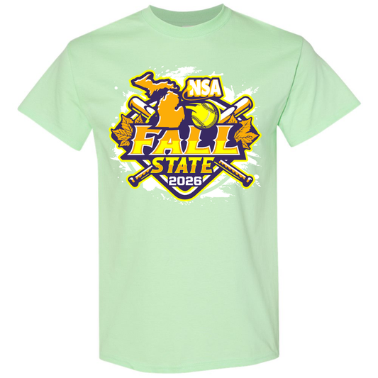 Introducing the 2026 NSA Michigan Fall State Fastpitch Tournament Shirt by DSG Apparel—a light green t-shirt featuring a bold graphic with “NSA Fall State 2026,” crossed bats, a softball, autumn leaves, and an outline of Michigan highlighted in yellow, purple, and white. Perfect for players and fans celebrating the season in style at this memorable NSA Fastpitch event!.