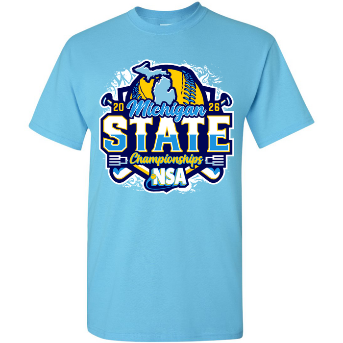 The DSG Apparel 2026 NSA Michigan State Championships Fastpitch Tournament Shirt & Hoodie in sky blue features a Michigan map, crossed hockey sticks, and bold event graphics—ideal for fans and players celebrating the championship.