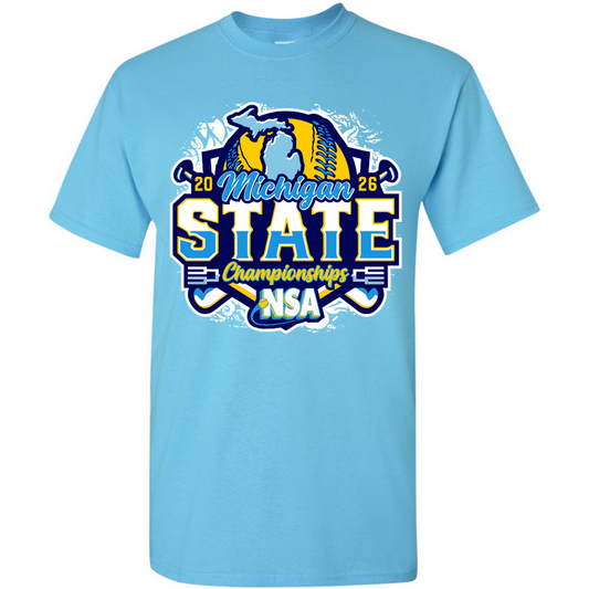 The DSG Apparel 2026 NSA Michigan State Championships Fastpitch Tournament Shirt & Hoodie in sky blue features a Michigan map, crossed hockey sticks, and bold event graphics—ideal for fans and players celebrating the championship.