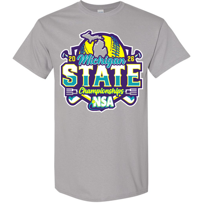 The DSG Apparel 2026 NSA Michigan State Championships Fastpitch Tournament Shirt & Hoodie in Grey features a vibrant “Michigan State Championships NSA 2026” logo with softball, bats, and Michigan outline—ideal official Fastpitch Tournament gear.