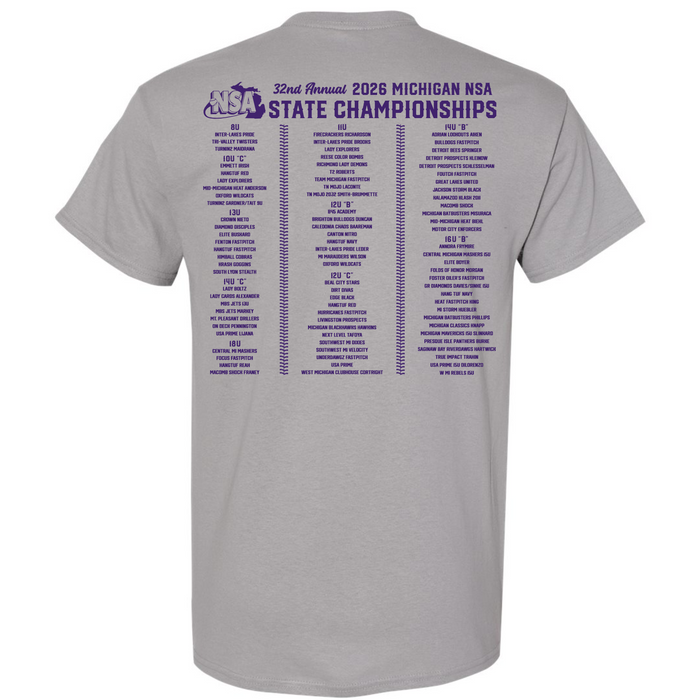 The back of this DSG Apparel shirt features "32nd Annual 2026 NSA Michigan State Championships" in purple, with age divisions, teams, and locations—an essential tournament shirt or hoodie for Fastpitch participants.
