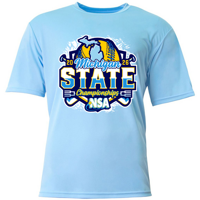 Sky Blue 2026 NSA Michigan State Championships Fastpitch Tournament Shirt & Hoodie by DSG Apparel features a Michigan map, crossed bats, and bold blue, gold, and white lettering—ideal NSA Apparel for your next big game.
