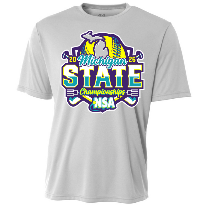 The DSG Apparel 2026 NSA Michigan State Championships Fastpitch Tournament Shirt & Hoodie in grey showcases a colorful tournament graphic with a softball, crossed bats, and Michigan’s outline.