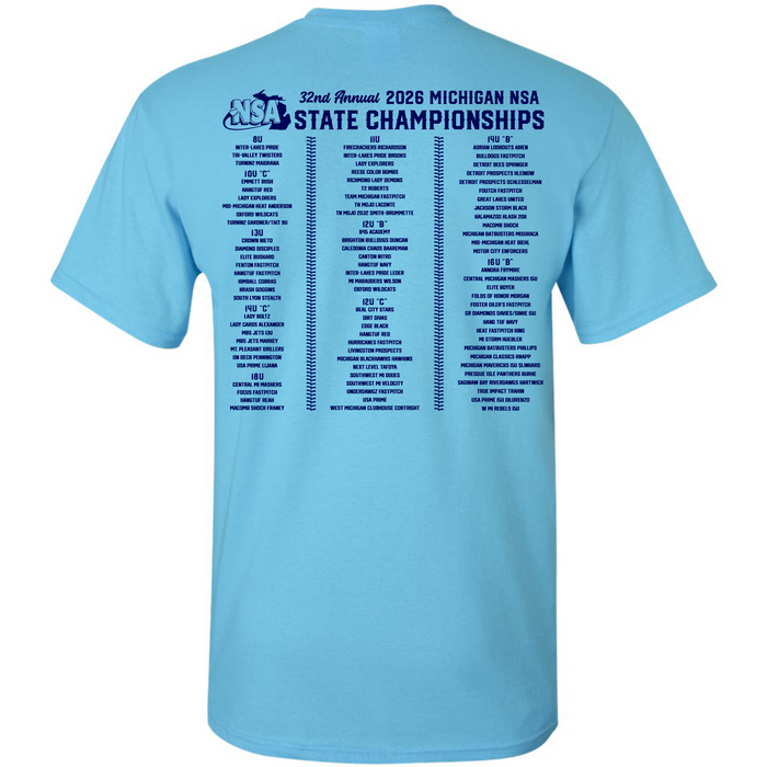 The DSG Apparel 2026 NSA Michigan State Championships Fastpitch Tournament Shirt features light blue fabric, dark blue back text with "23rd Annual 2026 NSA Michigan State Championships," and team or event listings under age group columns.