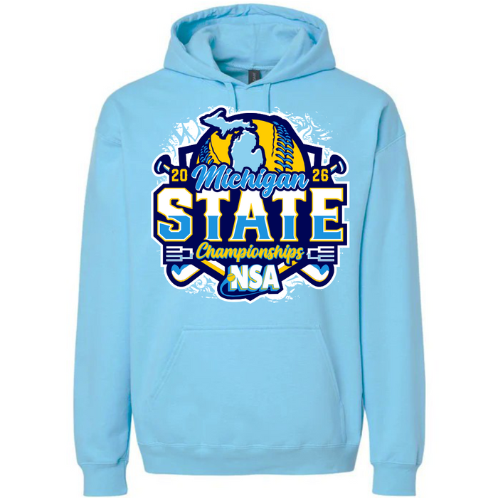 The DSG Apparel Sky Blue 2026 NSA Michigan State Championships Fastpitch Tournament Shirt & Hoodie features a yellow softball, crossed bats, and a blue Michigan outline above bold blue and yellow text—perfect for tournament fans.