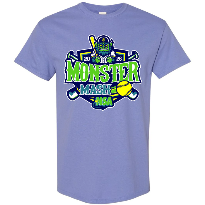 Introducing the 2026 NSA Monster Mash Fastpitch Tournament Shirt by DSG Apparel—a lavender t-shirt showcasing a green monster with baseball bats, vibrant “Monster Mash NSA” text, a softball, and the bold year 2026 printed on the front. The perfect official tournament shirt for NSA Fastpitch and a must-have for your NSA apparel lineup!.