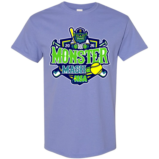 Introducing the 2026 NSA Monster Mash Fastpitch Tournament Shirt by DSG Apparel—a lavender t-shirt showcasing a green monster with baseball bats, vibrant “Monster Mash NSA” text, a softball, and the bold year 2026 printed on the front. The perfect official tournament shirt for NSA Fastpitch and a must-have for your NSA apparel lineup!.