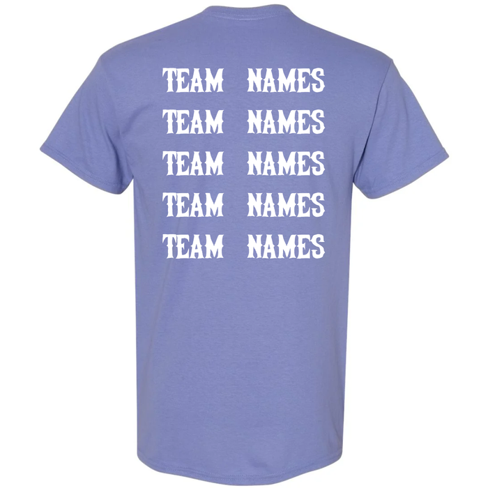 A light purple DSG Apparel 2026 NSA Monster Mash Fastpitch Tournament Shirt, ideal for the tournament, featuring TEAM NAMES printed four times in bold white capital letters on the back, stacked vertically in two columns.