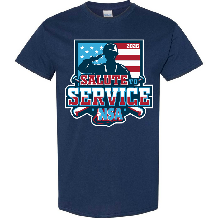 The DSG Apparel 2026 NSA Salute to Service Fastpitch Tournament Shirt features a navy blue design with a saluting figure, American flag background, “2026 Salute to Service NSA” text, and crossed bats—ideal for any NSA fan.