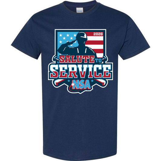 The DSG Apparel 2026 NSA Salute to Service Fastpitch Tournament Shirt features a navy blue design with a saluting figure, American flag background, “2026 Salute to Service NSA” text, and crossed bats—ideal for any NSA fan.