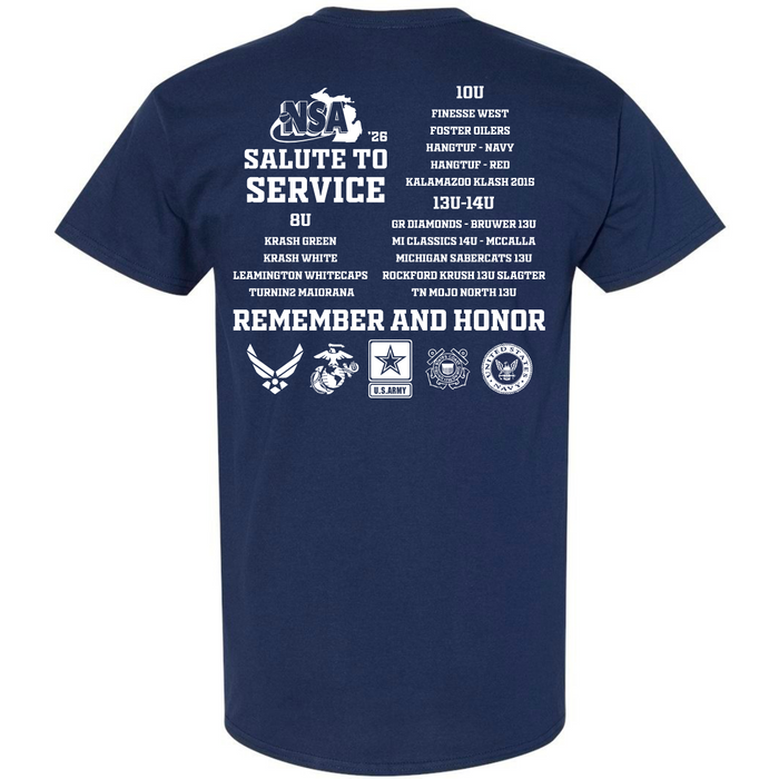 The 2026 NSA Salute to Service Fastpitch Tournament Shirt by DSG Apparel is navy blue with white text and logos. The back features “NSA Salute to Service,” youth sports teams, military branch logos, and "Remember and Honor" at the bottom.