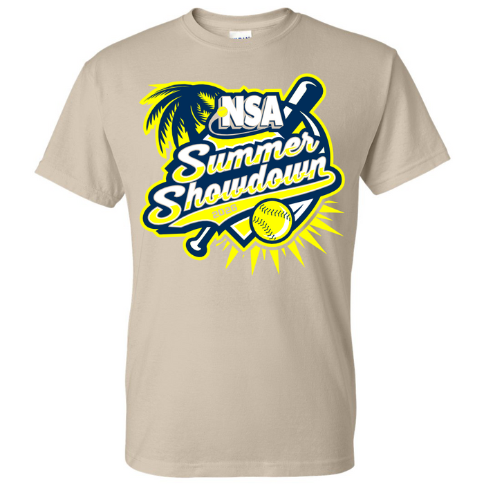 The DSG Apparel Sand 2026 NSA Summer Showdown Fastpitch Tournament Shirt features a graphic with crossed bats, softball, palm tree, and yellow sunburst. Pre-order your tournament shirt today!.