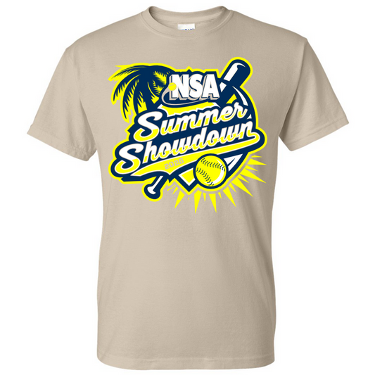 The DSG Apparel Sand 2026 NSA Summer Showdown Fastpitch Tournament Shirt features a graphic with crossed bats, softball, palm tree, and yellow sunburst. Pre-order your tournament shirt today!.