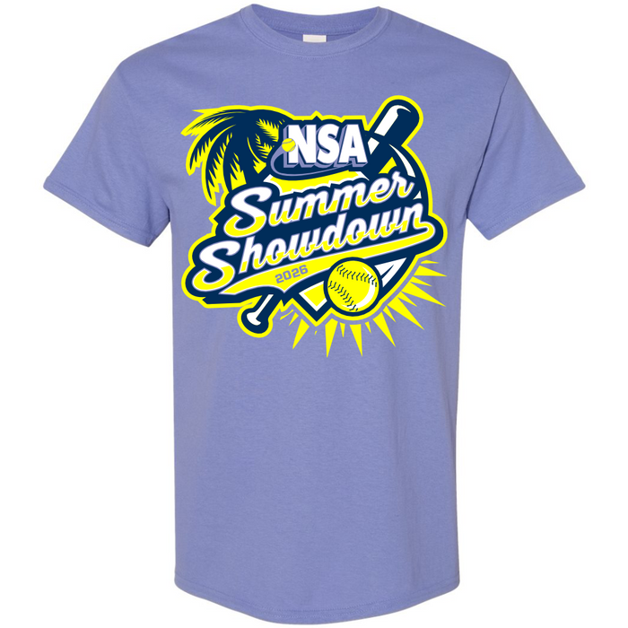 Pre-order the DSG Apparel 2026 NSA Summer Showdown Fastpitch Tournament Shirt in violet, featuring a vibrant graphic with palm trees, bat, softball, and sunburst. This dry fit shirt is perfect for the tournament!.
