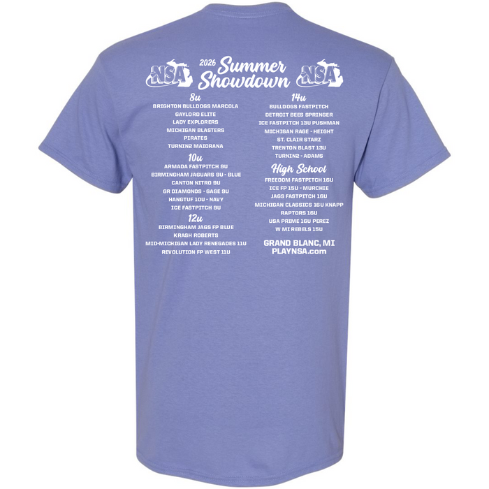 Back of a purple DSG Apparel 2026 NSA Summer Showdown Fastpitch Tournament Shirt with teams and event info for Grand Blanc, MI. White text lists divisions (8U, 10U, 12U, 14U, High School) and team names.