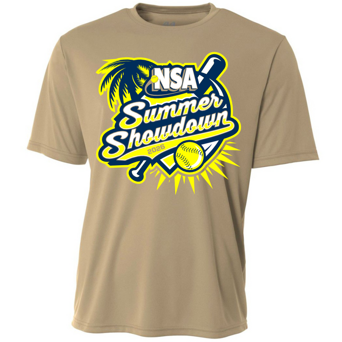 The 2026 NSA Summer Showdown Fastpitch Tournament Shirt by DSG Apparel features a sand color and a vibrant logo with a palm tree, crossed bats, yellow softball, and sunburst—perfect to pre-order for any tournament fan!.