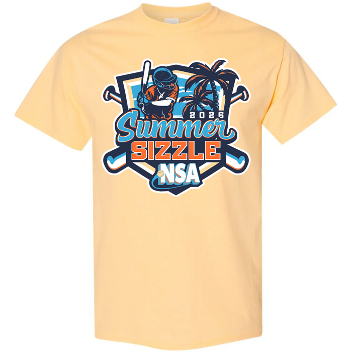 Light yellow DSG Apparel T-shirt featuring a softball player, palm trees, crossed bats, and "2026 NSA Summer Sizzle" text in blue, orange, and white. Perfect pre-order fastpitch tournament shirt for any NSA event!.