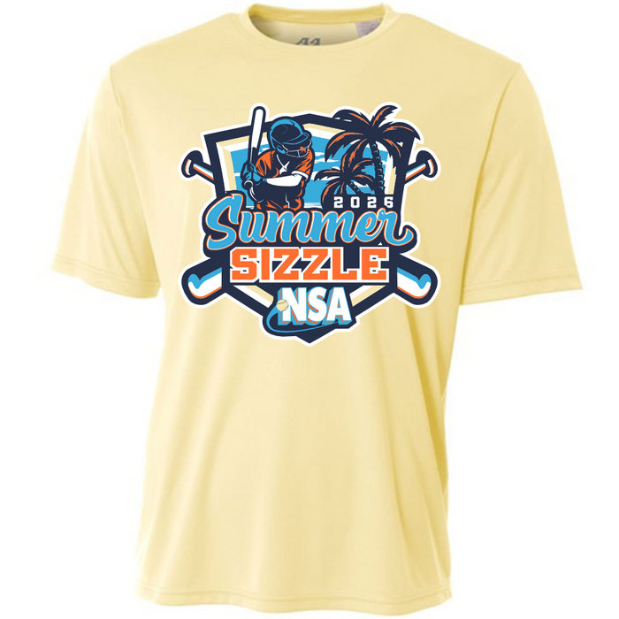 Stand out in the bright yellow 2026 NSA Summer Sizzle Fastpitch Tournament Shirt by DSG Apparel, featuring a vibrant catcher, crossed bats, palm trees, and bold blue, orange, and white graphics. Pre-order this must-have NSA tournament shirt now!.