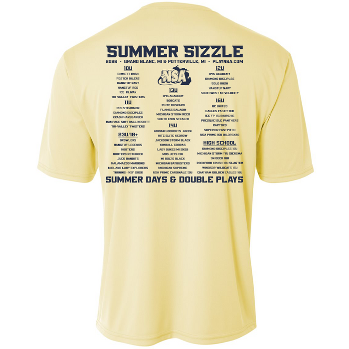 The 2026 NSA Summer Sizzle Fastpitch Tournament Shirt by DSG Apparel features blue event details and schedule on the back. Perfect NSA apparel to pre-order and commemorate “SUMMER DAYS & DOUBLE PLAYS.”.