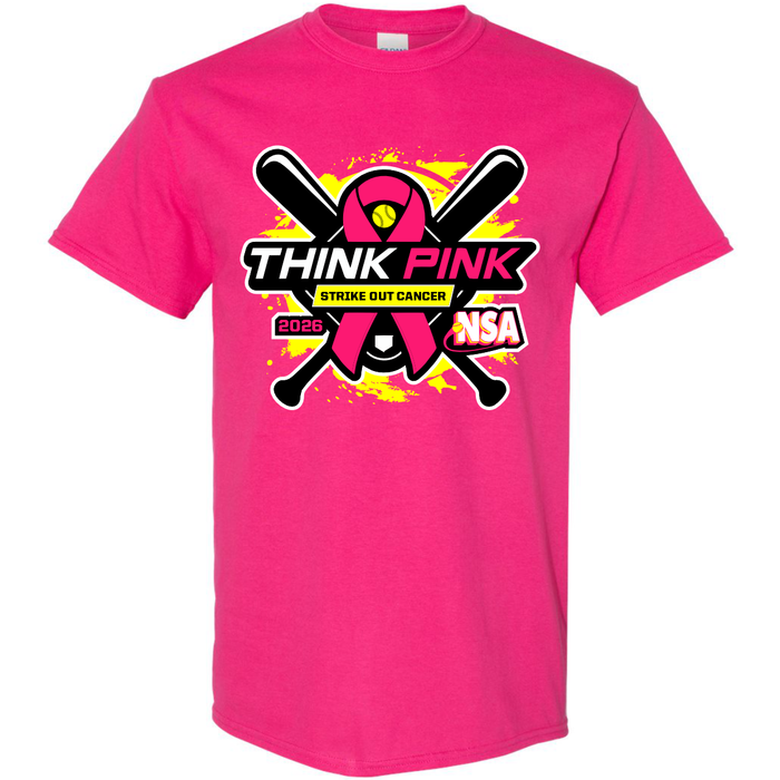 Show your support for cancer awareness with the 2026 NSA Think Pink Strike Out Cancer Fastpitch Tournament Shirt from DSG Apparel. This bright pink shirt features crossed baseball bats, a pink ribbon, and the text “THINK PINK, Strike Out Cancer, 2026, NSA” on a bold yellow paint splash background. Preorder this standout piece of NSA apparel to wear at the tournament and make a difference!.