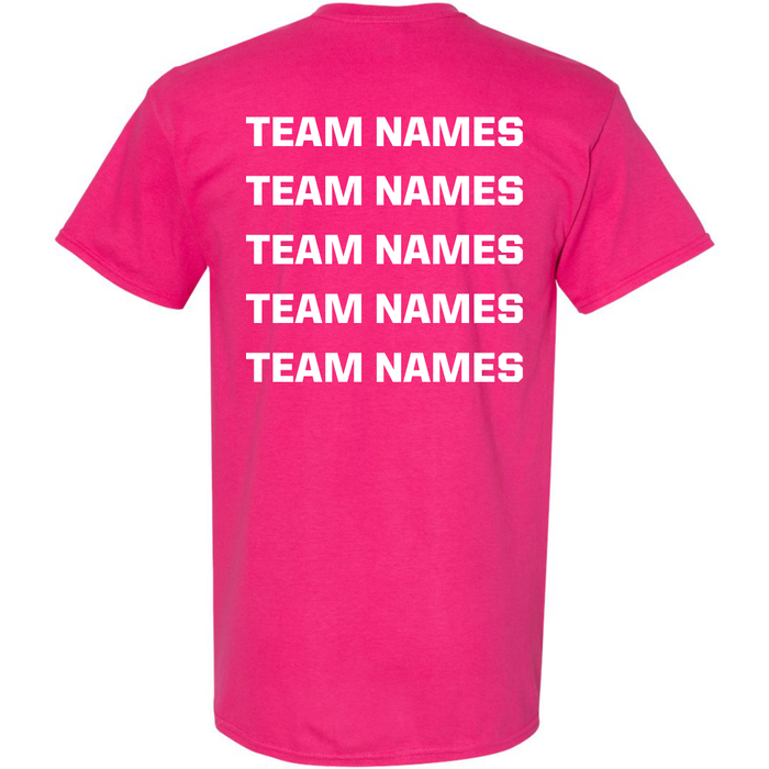 Introducing the 2026 NSA Think Pink Strike Out Cancer Fastpitch Tournament Shirt by DSG Apparel—a vibrant pink preorder shirt designed especially for tournament teams, featuring TEAM NAMES printed five times in bold white capital letters stacked vertically on the back. Perfect for showing your spirit at any NSA Fastpitch Tournament.