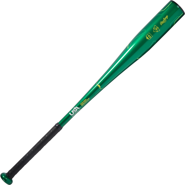 The 2026 Rawlings Machine (-10) 2 5/8" USA Baseball Bat (RUS6M10) features a metallic green finish, aerospace-grade alloy construction, black grip, yellow Rawlings branding, and USA Baseball certification—perfect for youth players.