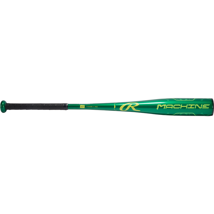 The 2026 Rawlings Machine (-10) 2 5/8" USA Baseball Bat (RUS6M10) features a green and black design with yellow Rawlings and Machine text, a black grip, and is crafted from aerospace-grade alloy for durability and performance.